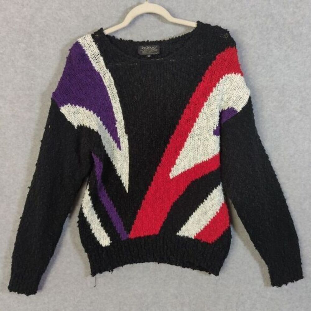 VTG 80's Chunky Sweater Geometric Color Block Knit Pullover Knitivo M Retro 80s